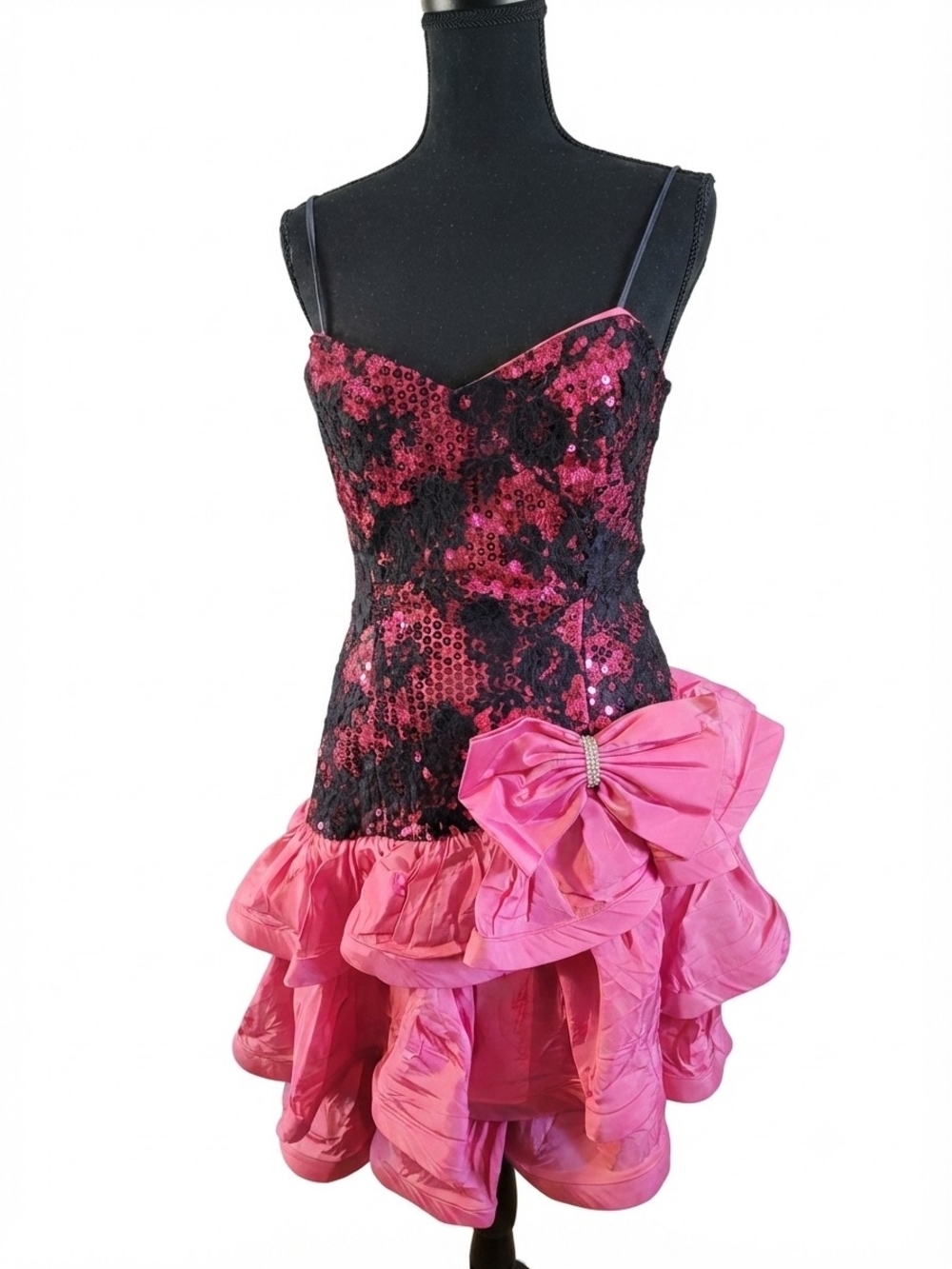 Vintage 1980s Nadine Pink Sequin & Lace Prom Dress with Bow